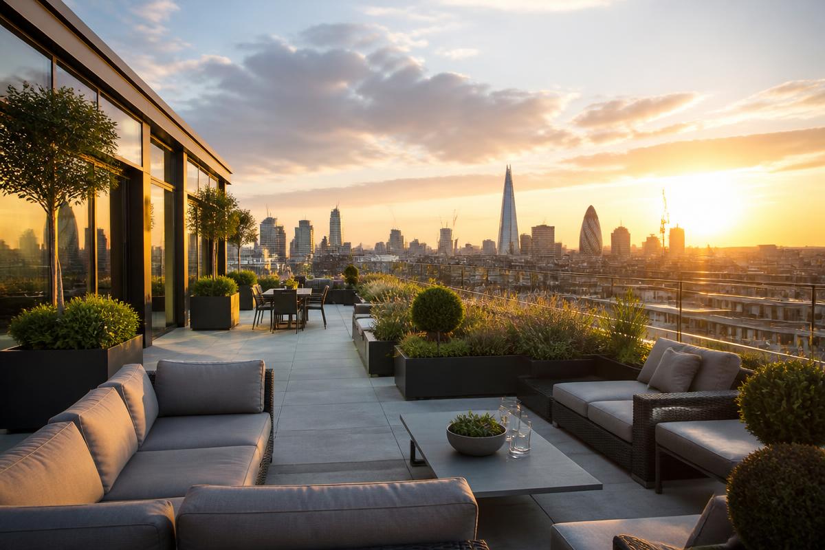 Roof terrace at sunset